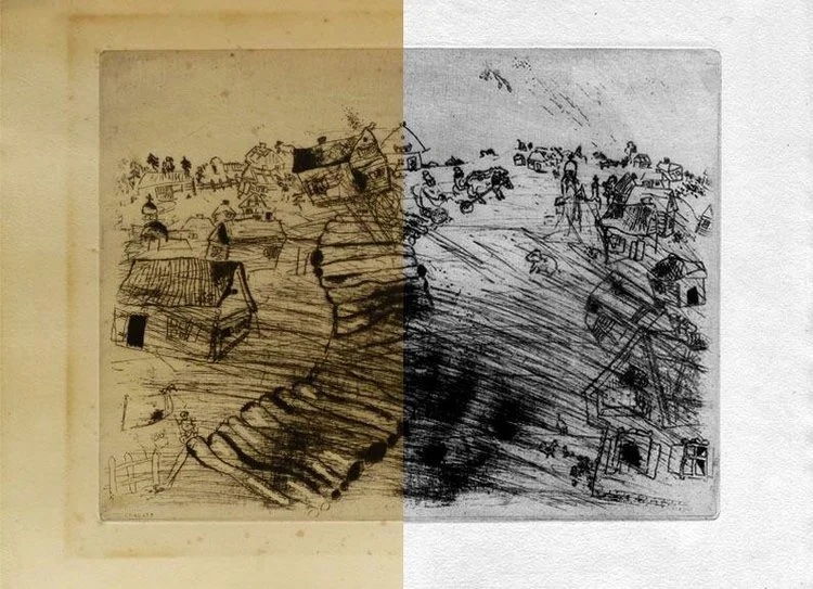 Before and after restoration of an antique village etching print
