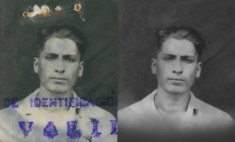 Before and after restoration of a damaged identification photograph