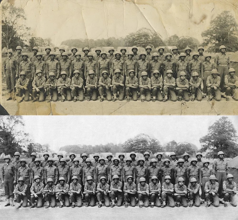 Before and after restoration of a torn, faded WWII-era military group photograph