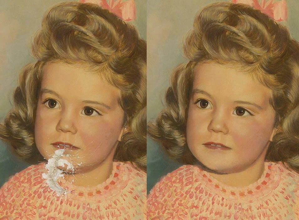 Before and after in-painting restoration of a cracked child's portrait painting