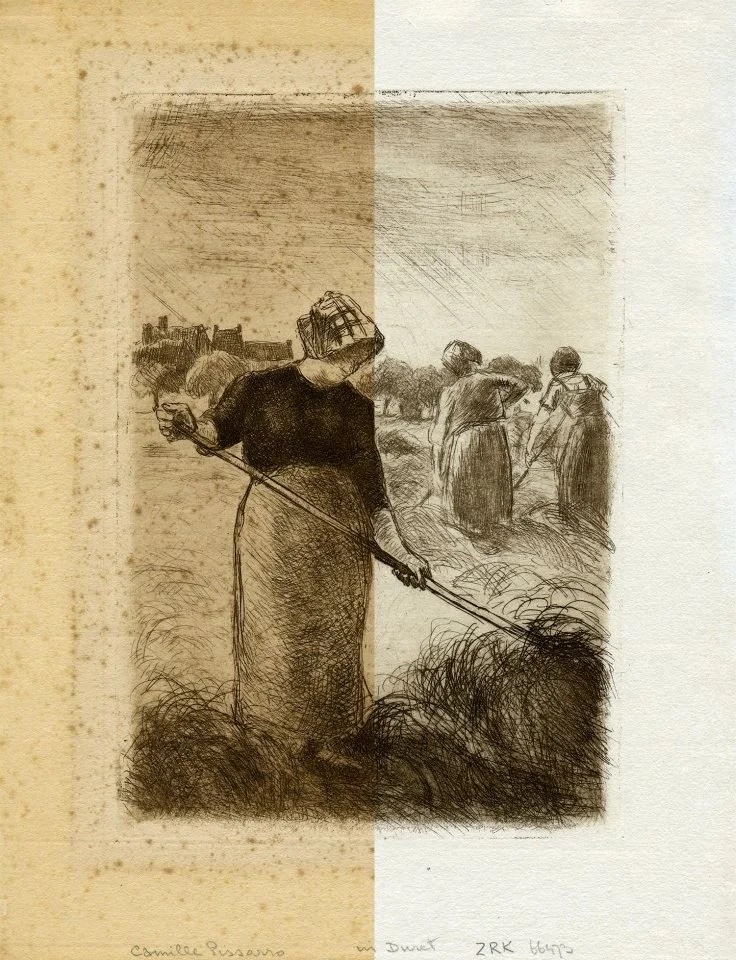 Before and after restoration of a Camille Pissarro etching, foxing and toning removed