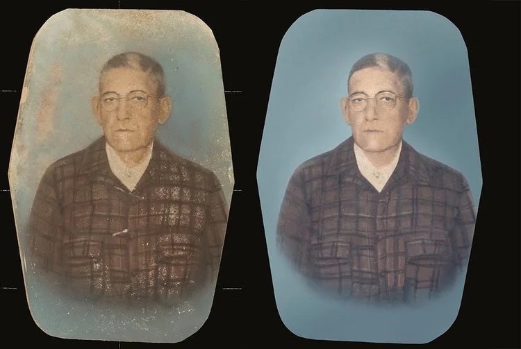 Before and after colour restoration of a faded vintage portrait