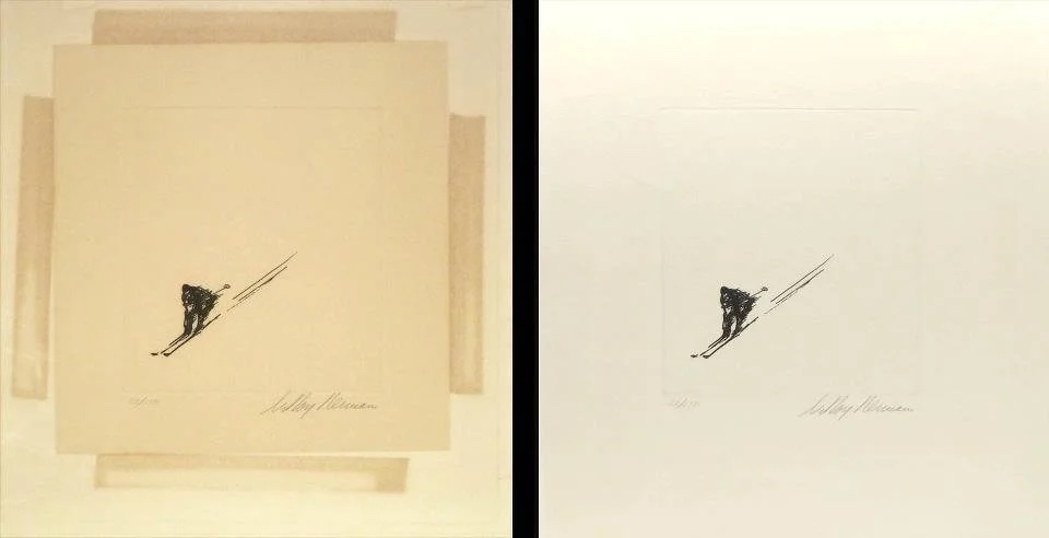 Before and after restoration of a signed limited-edition skier print