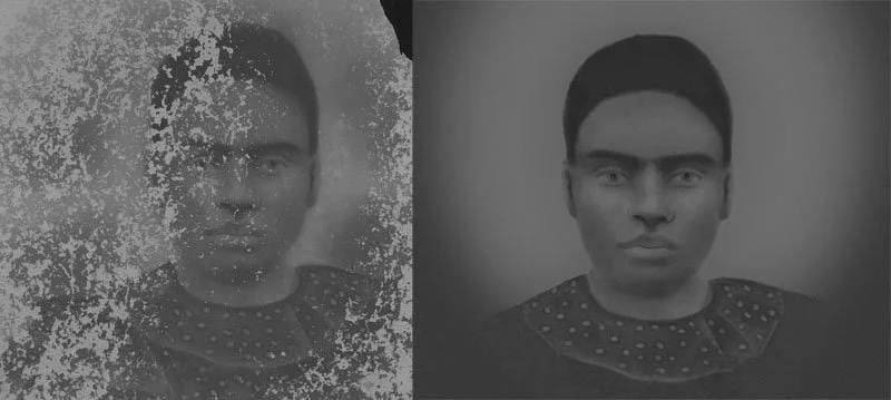 Before and after restoration of a severely deteriorated antique tintype portrait